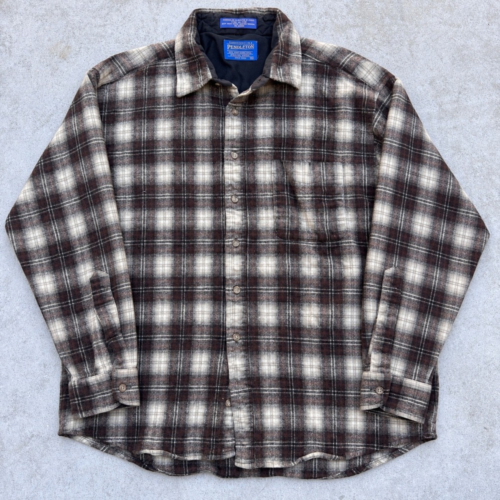 Pendleton Mens XL Brown Plaid Virgin Wool Button Down Shirt Vintage